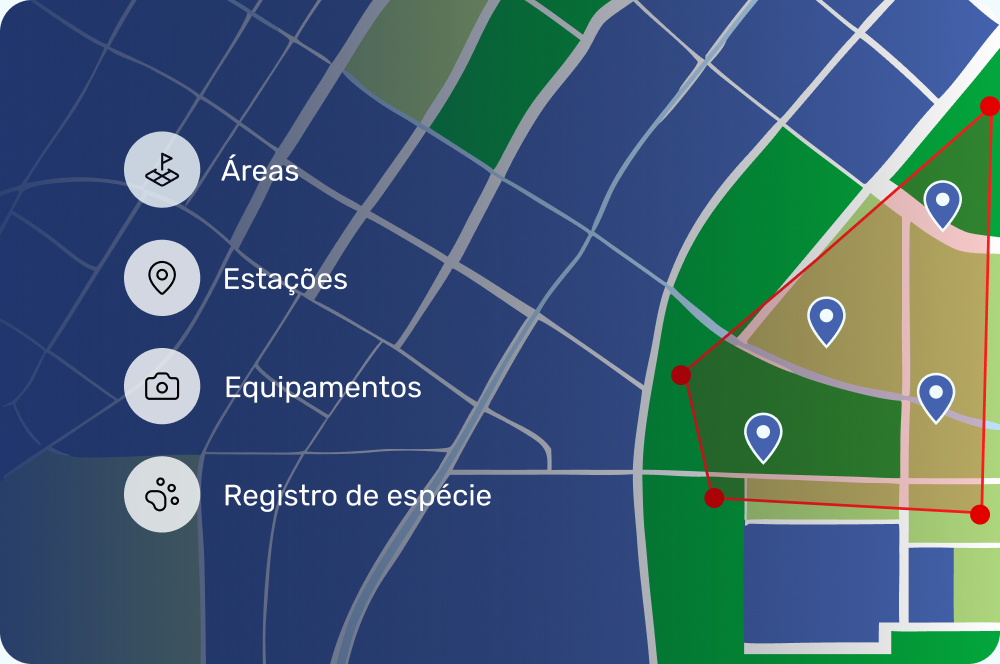 Mapa com áreas de estudo, estações, equipamentos e registros de espécie
